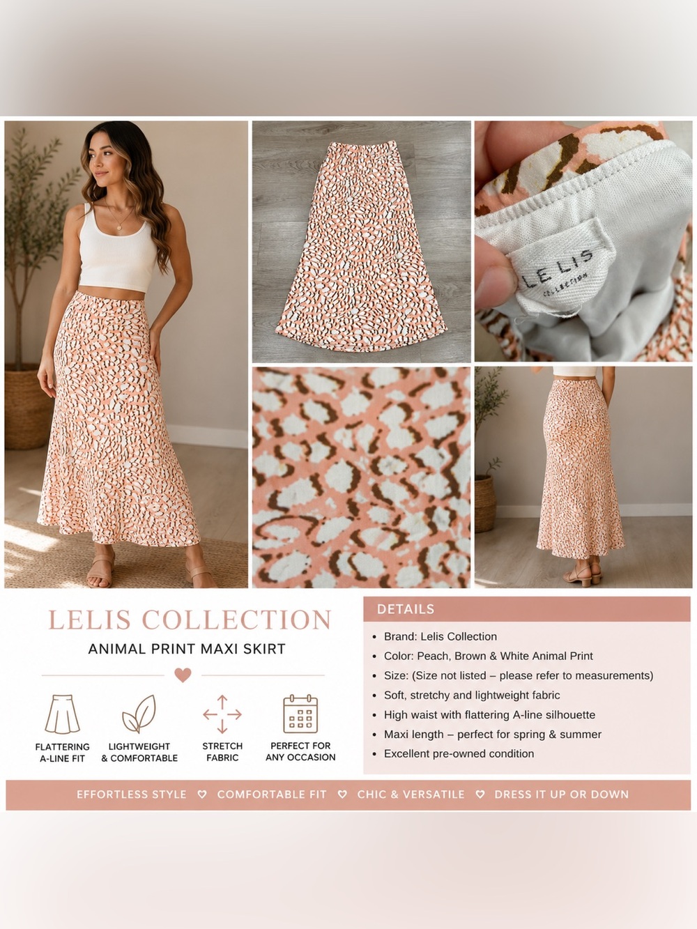 Le Lis Peach, Brown & White Animal Print Maxi Skirt